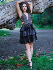 Black Halter Deep V-Neck Rhinestone Striped Tiered Ruffle Short Homecoming Dress