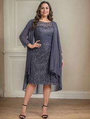 Sheath/Column Scoop Illusion Knee-Length Lace Chiffon Mother of the Bride Dress With Cascading Ruffles Sequins