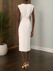 Off White Button Slit Crew Neck Sheath Midi Dress