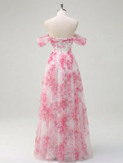 Pink Floral Off-the-Shoulder Corset A-Line Long Prom Dress