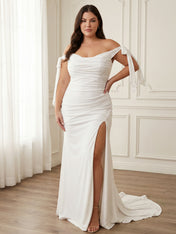 White Satin Off-the-Shoulder Bow Prom Dress