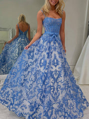Blue Floral Baroque Lace Corset Long Prom Dress