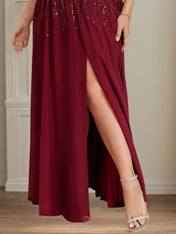 A-line V-Neck Floor-Length Lace Chiffon Evening Dress With Sequins