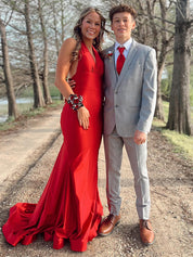 Light Blue Mermaid Halter Backless Long Prom Dress