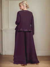 Separates Jumpsuit/Pantsuit Square Ankle-Length Lace Chiffon Mother of the Bride Dress With Sequins