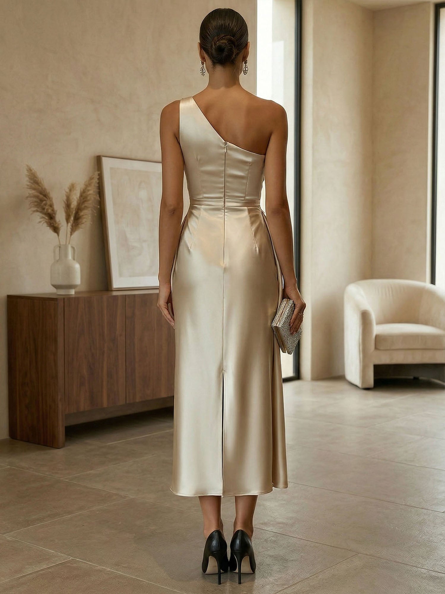 Champagne Ruched Satin One Shoulder Sleeveless Sheath Midi Dress
