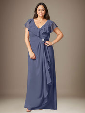 Stormy A-Line V-Neck Ruched Chiffon Dress