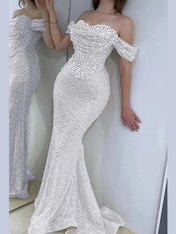Champagne Pearl Sequin Off-the-Shoulder Mermaid Prom Dress
