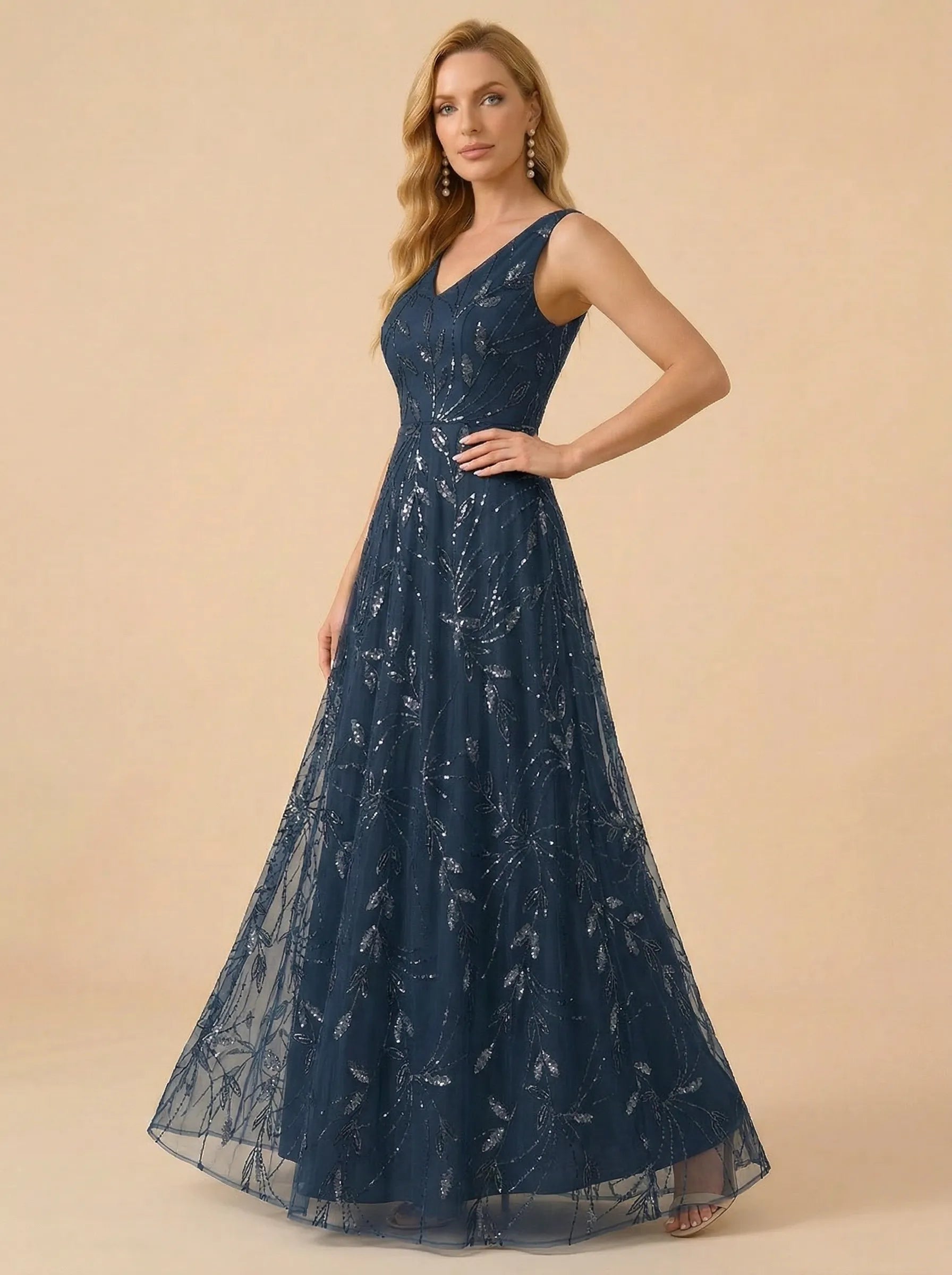 A-Line Sequin Embroidered V-Neck Mother of the Bride Gown with Matching Jacket