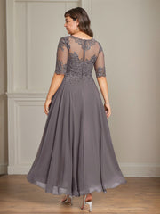 A-line Boat Neck Illusion Asymmetrical Chiffon Lace Mother of the Bride Dress With Sequins Beading