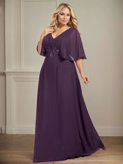 A-line V-Neck Floor-Length Chiffon Mother of the Bride Dress With Pleated Sequins Appliques Lace