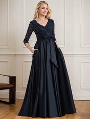 A-line V-Neck Floor-Length Satin Lace Mother of the Bride Dress With Sequins Bow