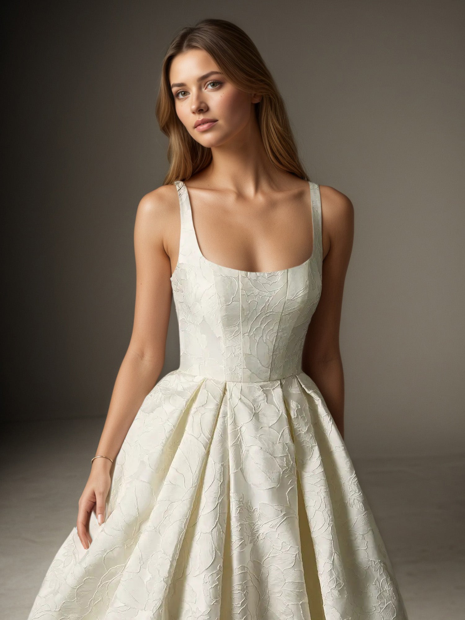 White Ball-Gown with Pockets Floral Jacquard Wedding Dress