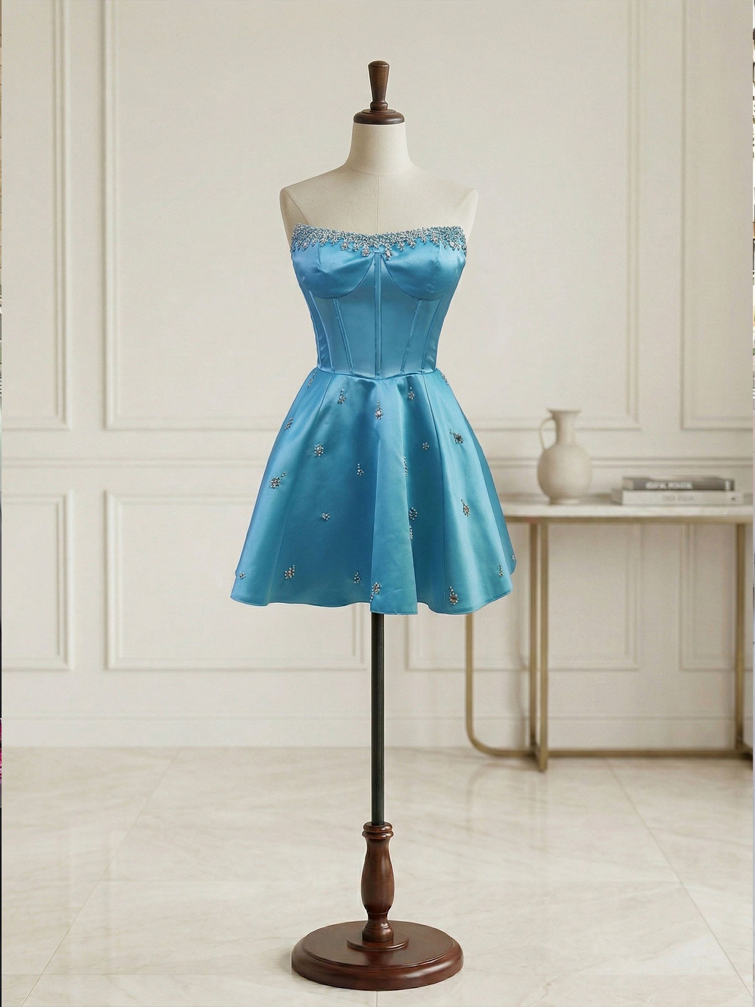 Sparkly Satin A Line Short Corset Homecoming Dress with Rhinestones