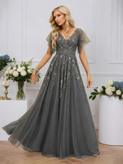 A-line V-Neck Floor-Length Tulle Lace Evening Dress With Sequins