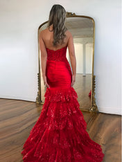 Red Mermaid Strapless Long Satin Prom Dress with Tiered Ruffle Skirt