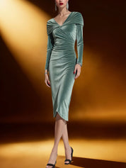 Velvet V-Neck Sheath Midi Formal Dress with Sleeves