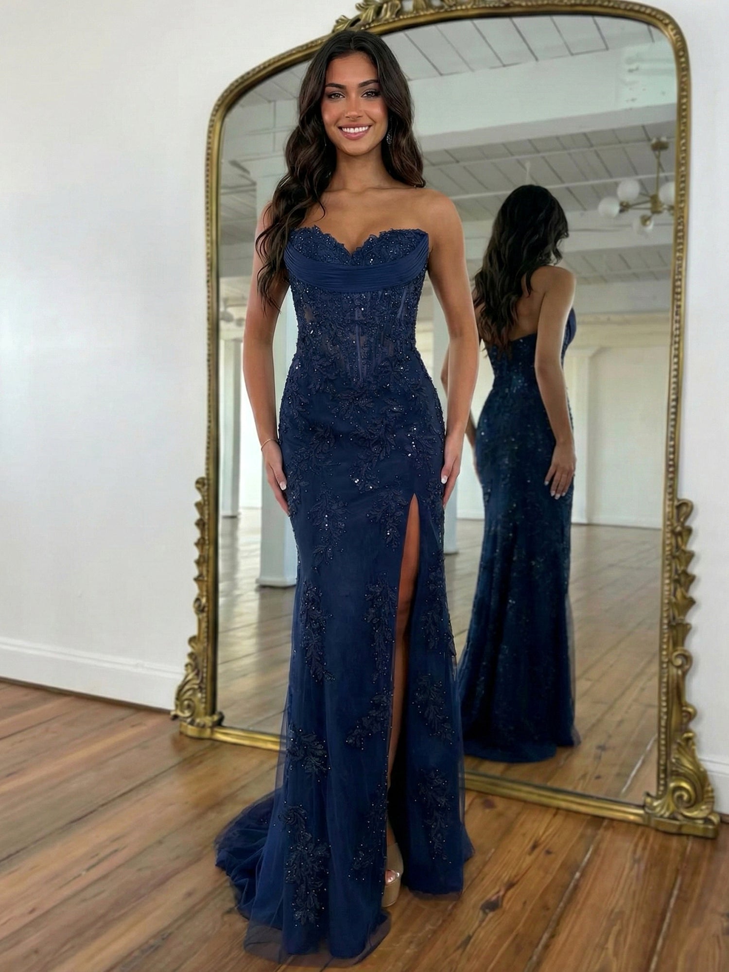 Strapless Corset Lace Floral Prom Dress with Thigh-High Slit