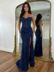Strapless Corset Lace Floral Prom Dress with Thigh-High Slit