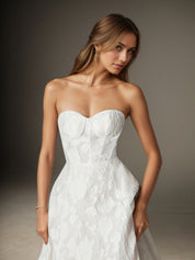 White A Line Strapless Floral Burnout Jacquard Wedding Dress