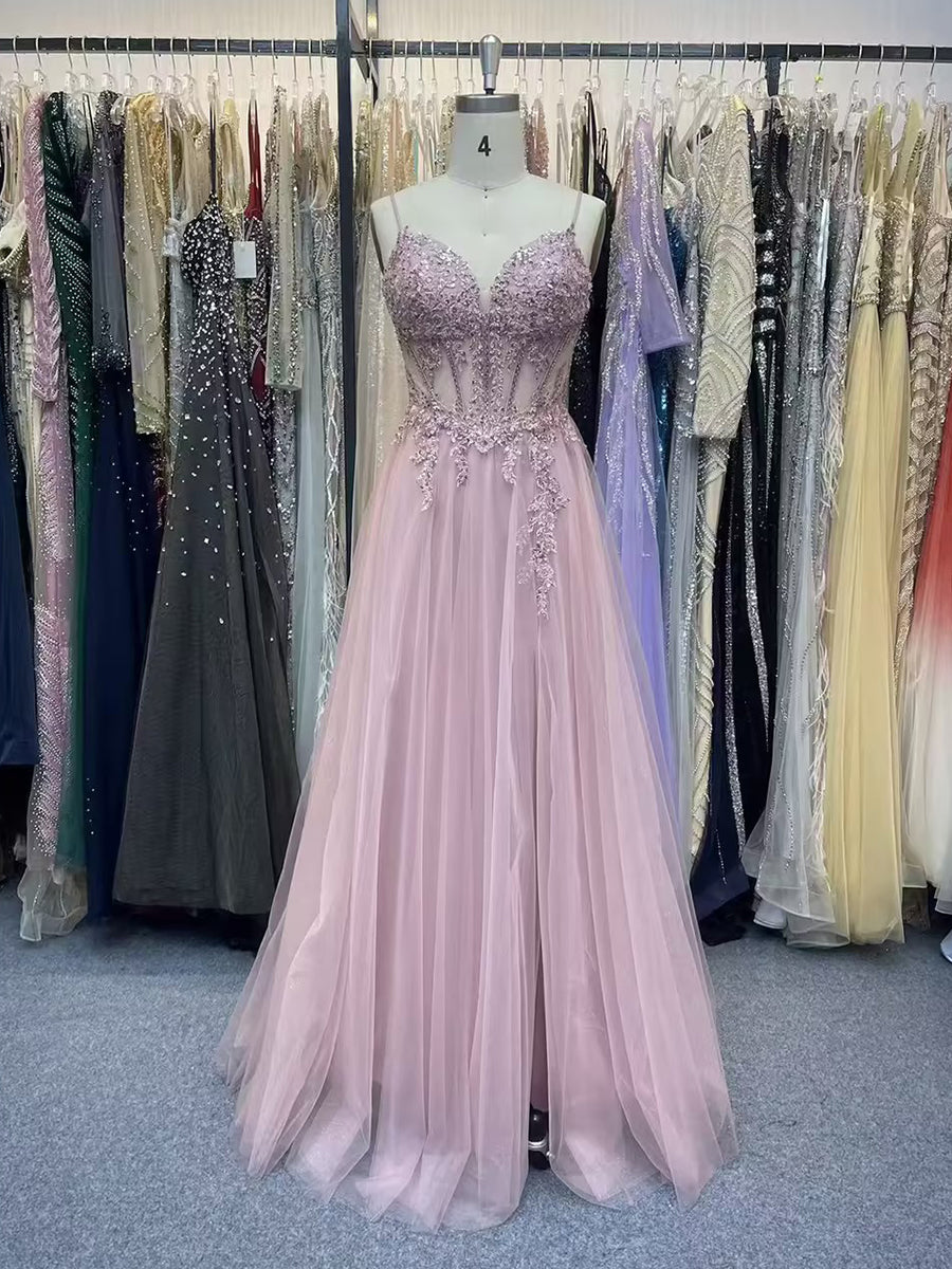 Dusty Pink A Line Lace Applique Tulle Corset Prom Dress