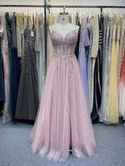 Dusty Pink A Line Lace Applique Tulle Corset Prom Dress