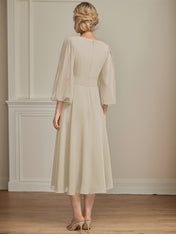 A-line Scoop Tea-Length Chiffon Mother of the Bride Dress With Crystal Brooch Pleated