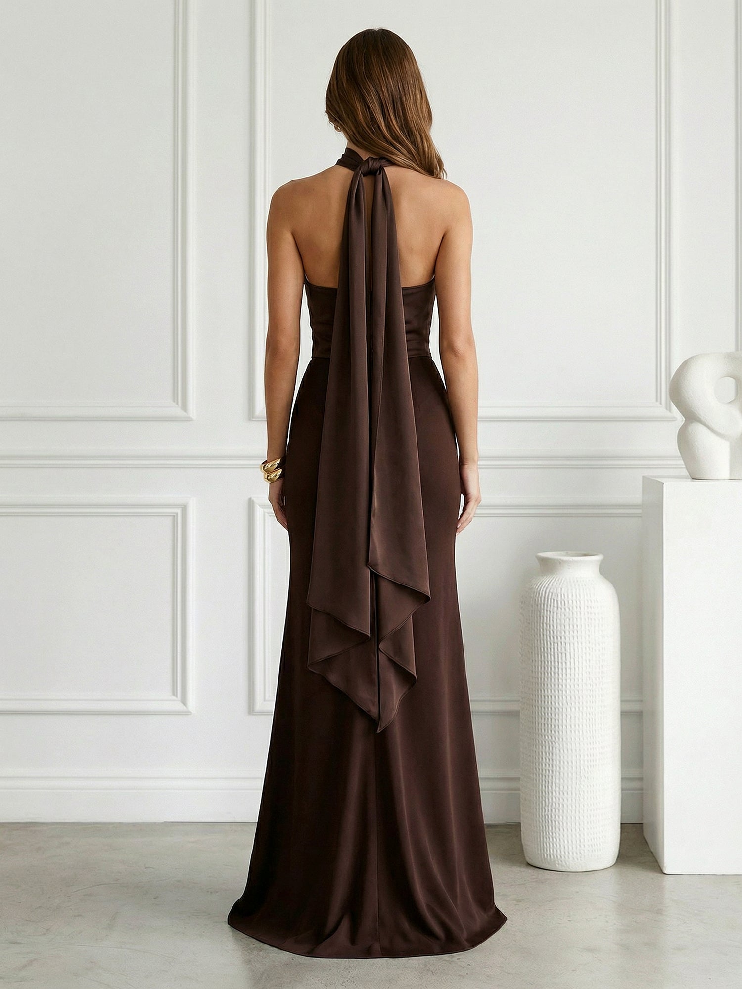Brown Strapless Satin Mermaid Maxi Dress with Bow