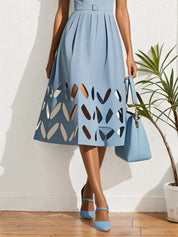 Black Devore Classic V Neck Sleeveless A-Line Midi Dress