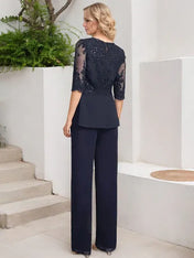 Jumpsuit/Pantsuit Separates Scoop Floor-Length Chiffon Lace Mother of the Bride Dress With Sequins