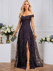 A-line Off the Shoulder Floor-Length Sequin Lace Evening Dress