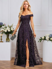 A-line Off the Shoulder Floor-Length Sequin Lace Evening Dress