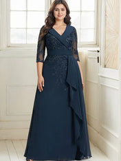 A-line Collared V-Neck Floor-Length Lace Chiffon Mother of the Bride Dress With Sequins Cascading Ruffles