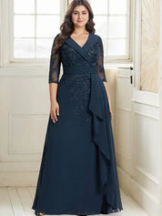 A-line Collared V-Neck Floor-Length Lace Chiffon Mother of the Bride Dress With Sequins Cascading Ruffles