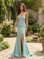 Lavender Strapless Satin Beaded Bodice Corset Prom Dress with Slit