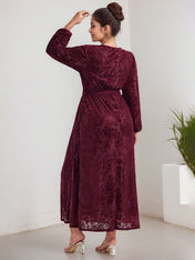 A-Line V-Neck Long Sleeves Velvet Tea-Length Mother of the Bride Dress With Split