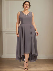 A-line V-Neck Asymmetrical Chiffon Mother of the Bride Dress With Beading Sequins