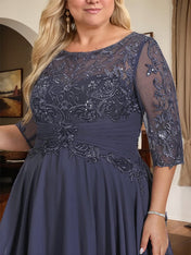 A-line Scoop Illusion Floor-Length Chiffon Lace Mother of the Bride Dress With Pleated Sequins