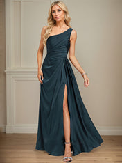 Dark Navy A-Line One Shoulder Floor-Length Satin Bridesmaid Dress With Ruffle