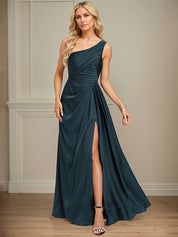 Dark Navy A-Line One Shoulder Floor-Length Satin Bridesmaid Dress With Ruffle