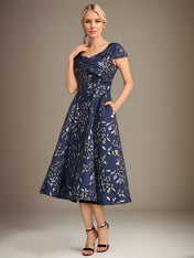 A-Line V-Neck Tea-Length Jacquard Floral Mother of the Bride Dress