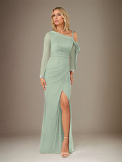 Sage Sheath/Column Chiffon One Shoulder Long Sleeves Floor Length Dress With Slit
