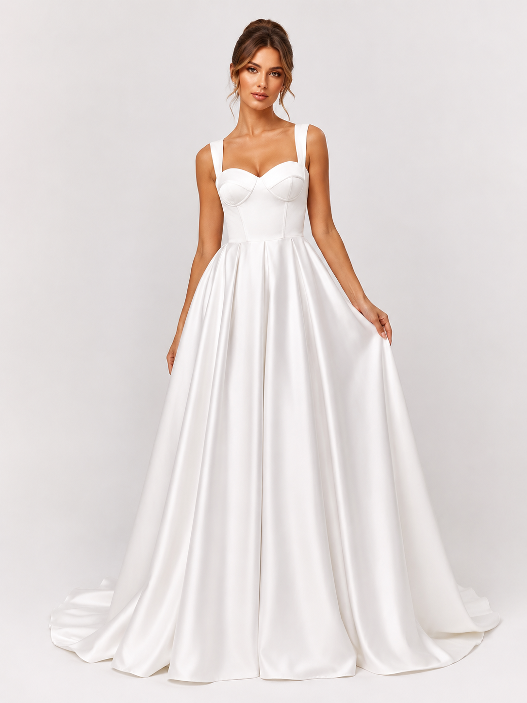 Elegant Square Neckline Satin A-Line Wedding Dress with Chapel Train