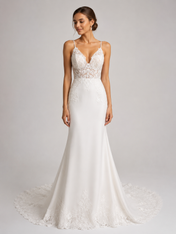 Elegant Spaghetti Strap Illusion Lace Bodice Satin Sheath Wedding Dress with Sweep Train
