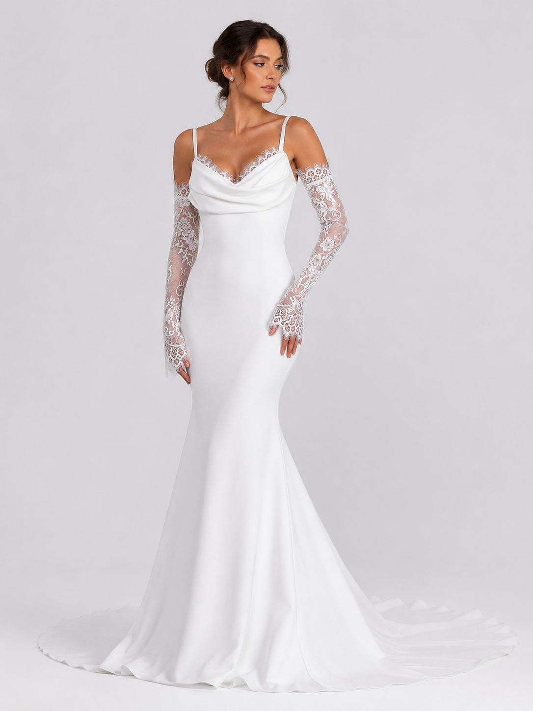 Elegant Spaghetti Strap Cowl Neck Satin Mermaid Wedding Dress with Detachable Lace Sleeves and Chapel Train