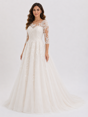 Elegant Illusion Lace Applique A-Line Wedding Dress with Sweep Train