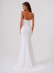 Elegant Spaghetti Strap Ruched Satin Sheath Wedding Dress with High Slit and Chapel Train