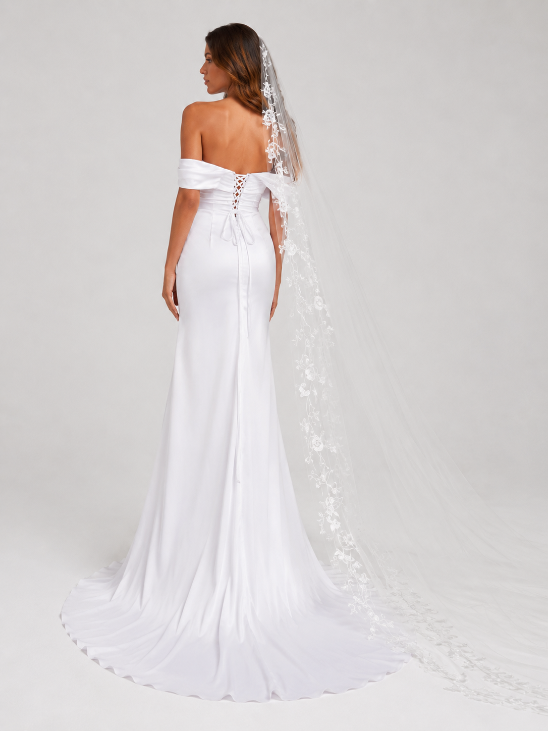 Elegant Off-the-Shoulder Ruched Satin Sheath Wedding Dress with High Slit and Chapel Train