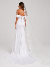 Elegant Off-the-Shoulder Ruched Satin Sheath Wedding Dress with High Slit and Chapel Train