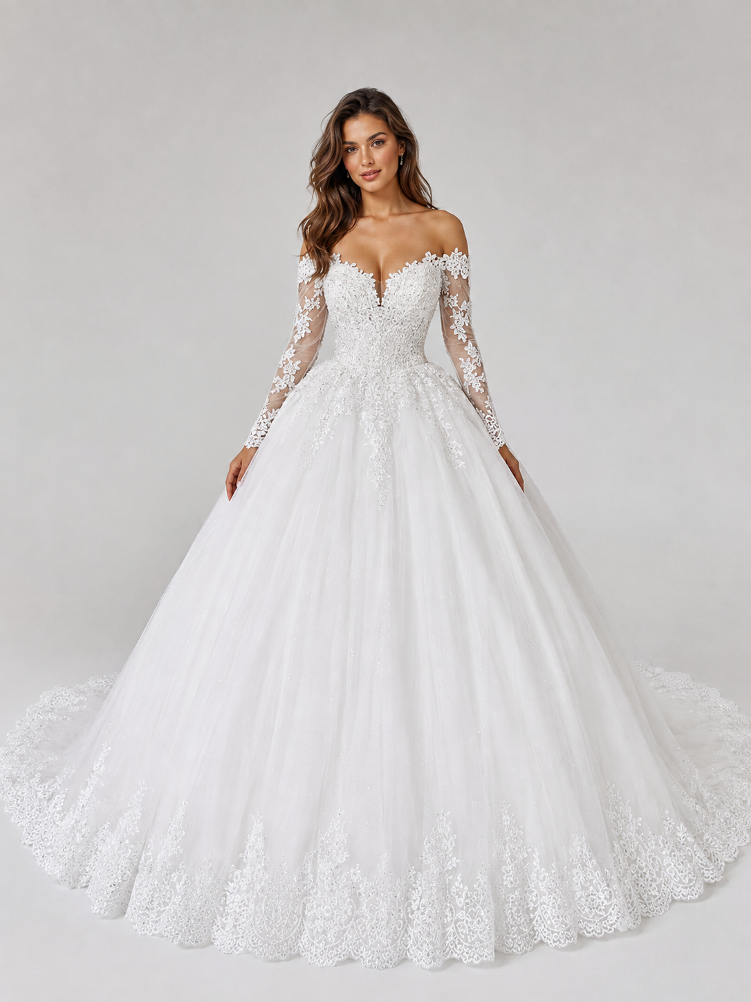 Elegant Off-the-Shoulder Lace Applique Tulle A-Line Wedding Dress with Chapel Train
